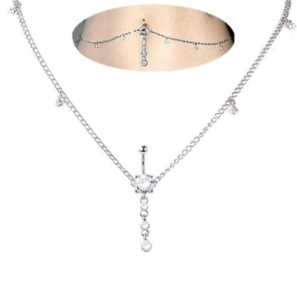 Navel Silver Crystal Round Waist Body Chain - Picture 10 of 10